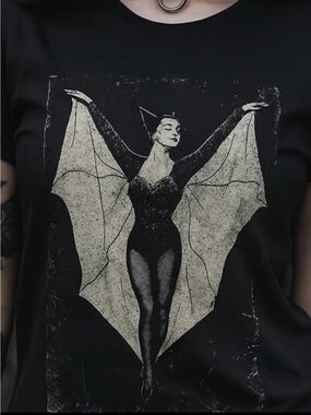 Vintage-Style Bat Woman Graphic Tee in Black and Cream
